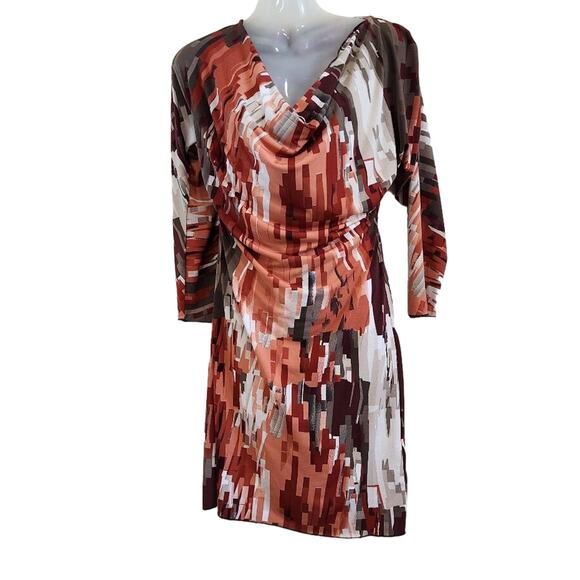 555 Los Angeles Printed Cowl Neck Long Sleeves Ruched Bodycon Mini Dress Small - Picture 1 of 9